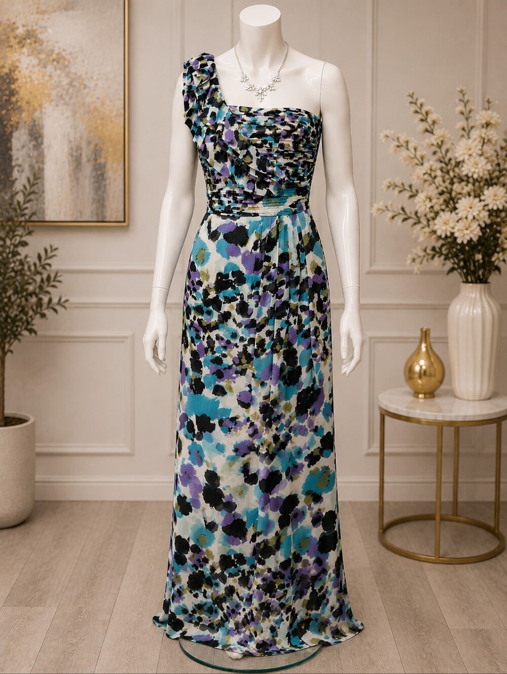 One-Shoulder Floral Print Maxi Dress in Green and Purple